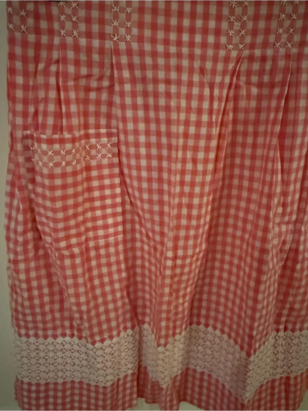 Vintage Pink Gingham Half Apron with Pocket & Lace Trim Cottagecore Retro